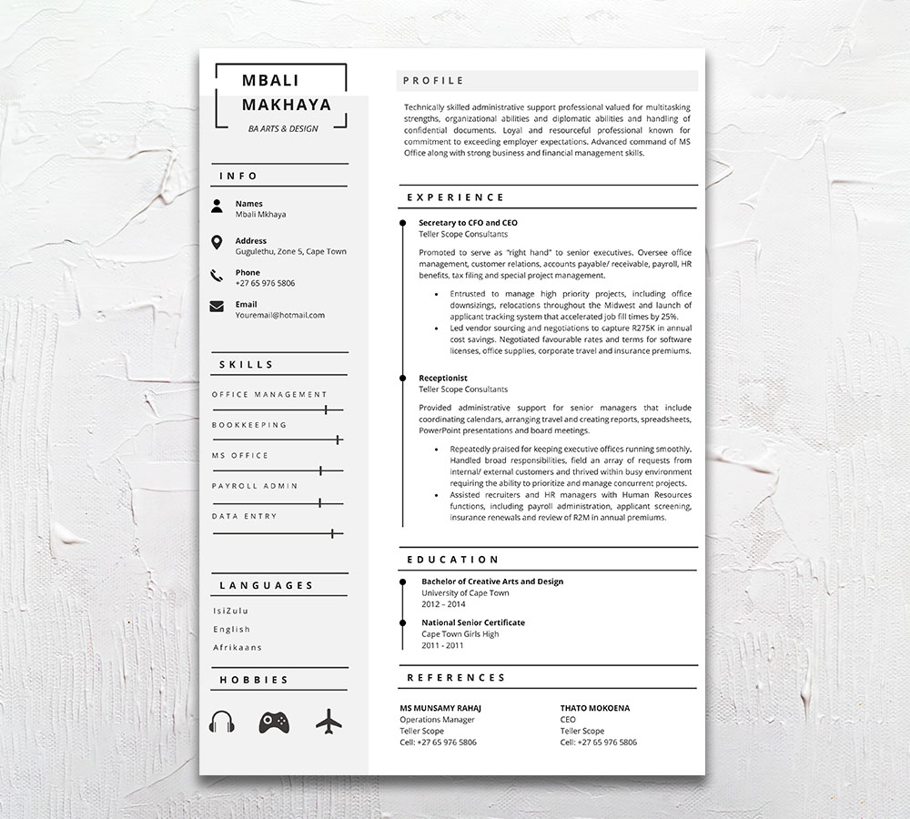 Creative Arts Student Cycle Resume CV Design South Africa