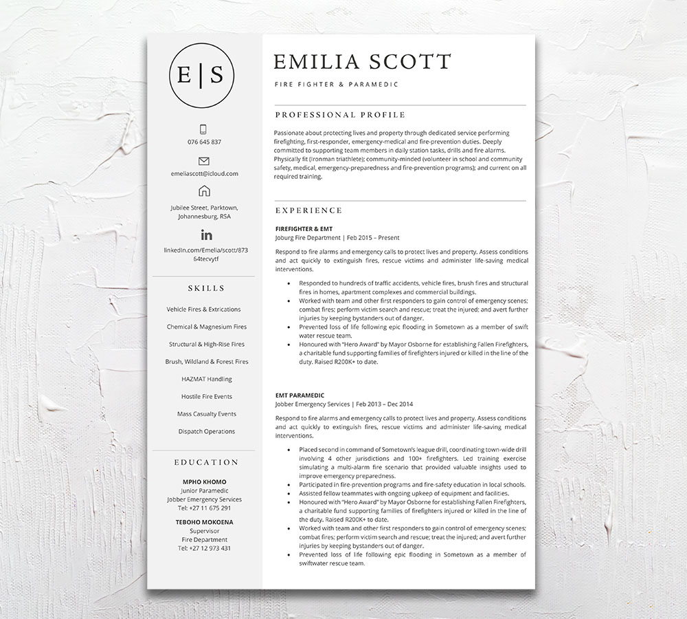 Fire Fighter Student Cycle Resume CV Design South Africa