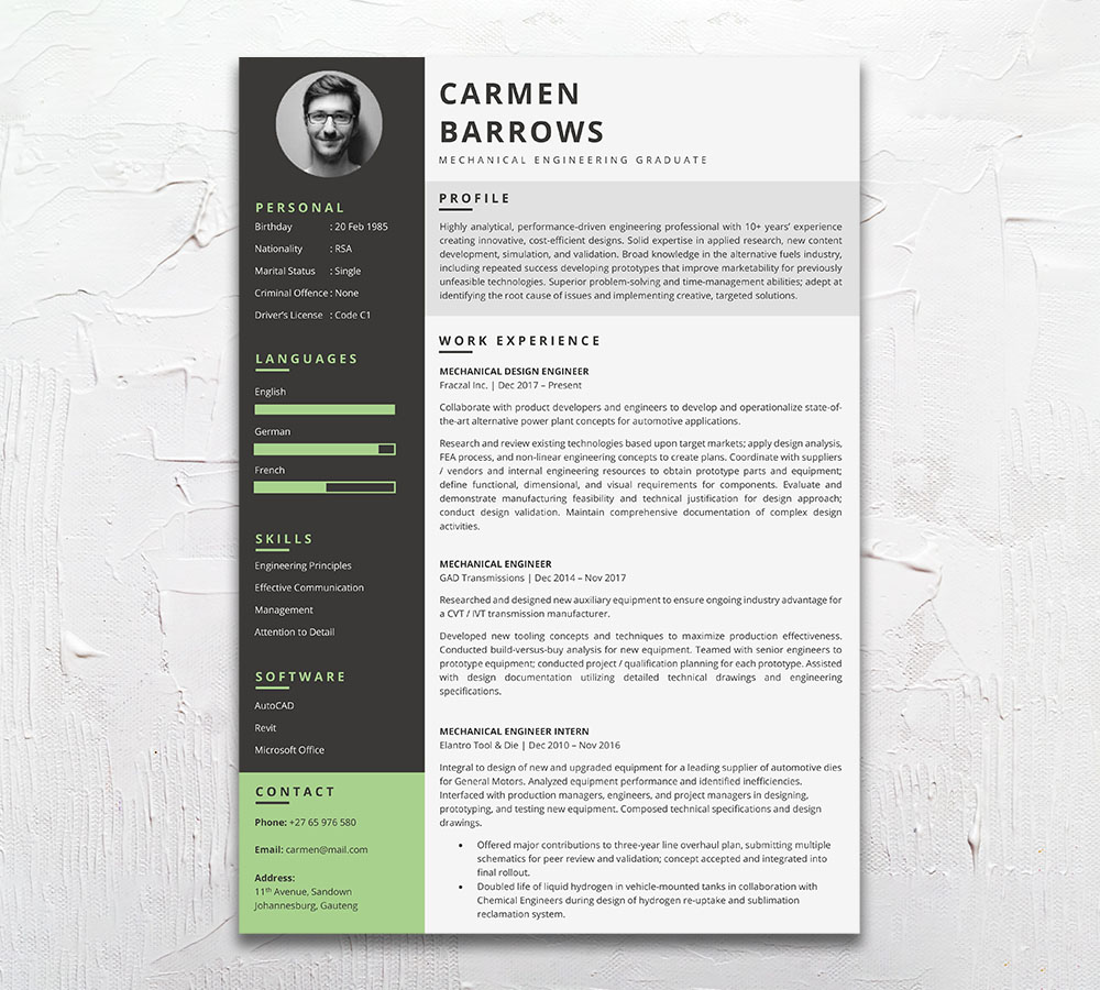 Mechanical Engineer Student Cycle Resume CV Design South Africa