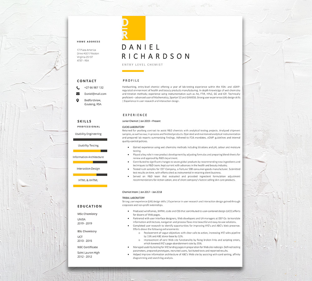 Chemist Student Cycle Resume CV Design South Africa